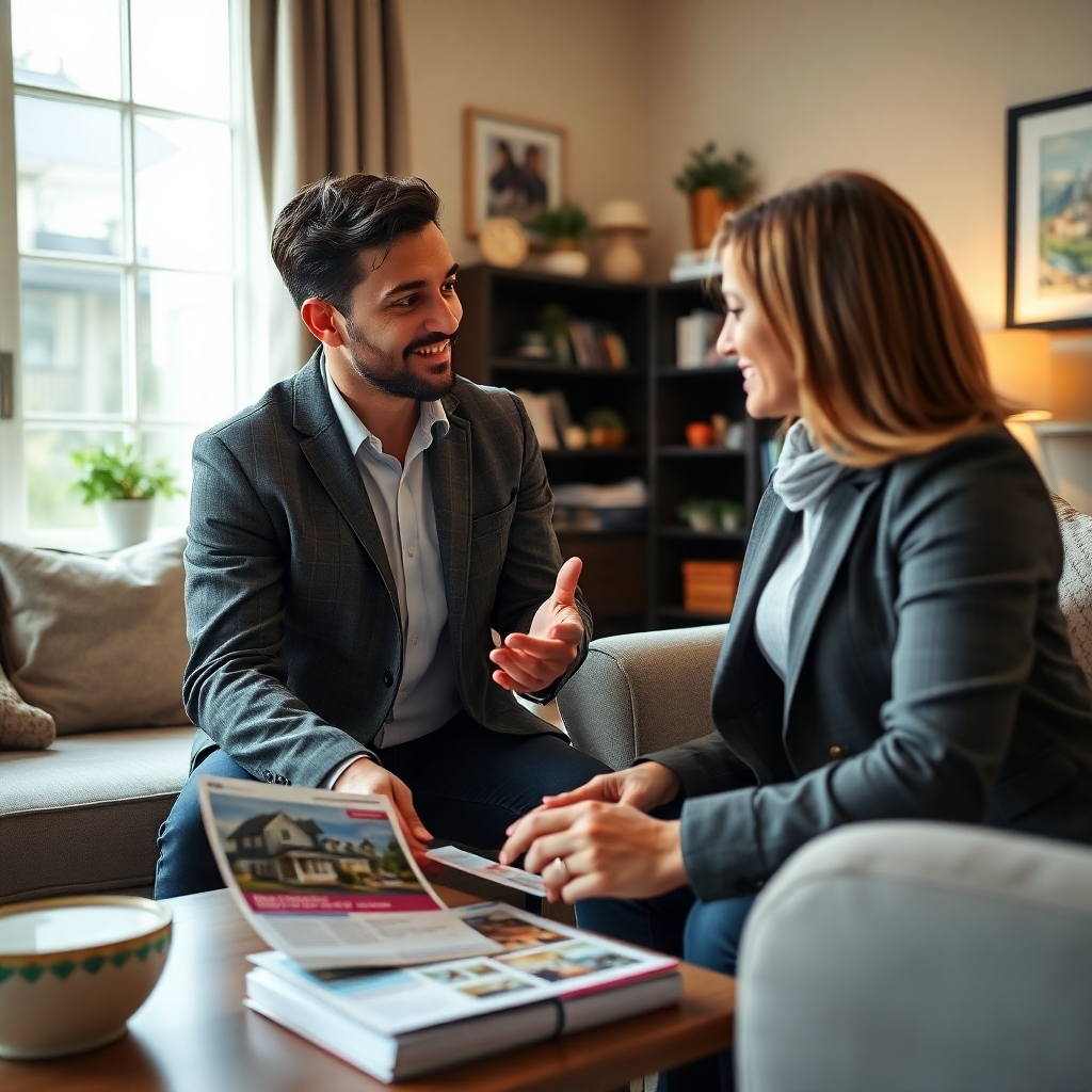 A close-up of a real estate agent discussing marketing strategies with a homeowner in a cozy living room, with visual elements showcasing targeted marketing materials like flyers and digital ads prominently displayed.