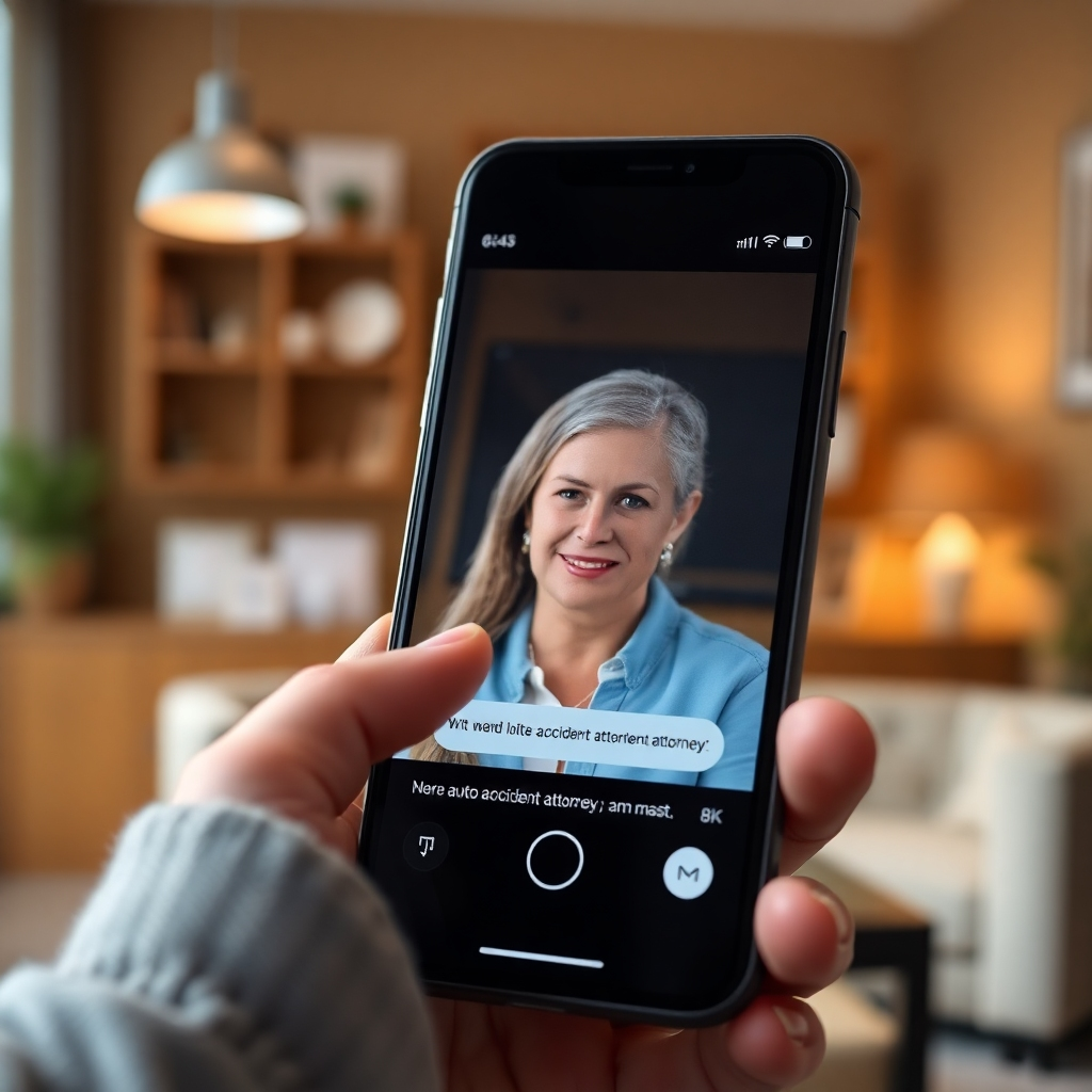A close-up of a smartphone screen showing a live chat between a client and an auto accident attorney. The setting can feature a cozy, professional office background, conveying trust, professionalism, and the importance of real-time assistance.