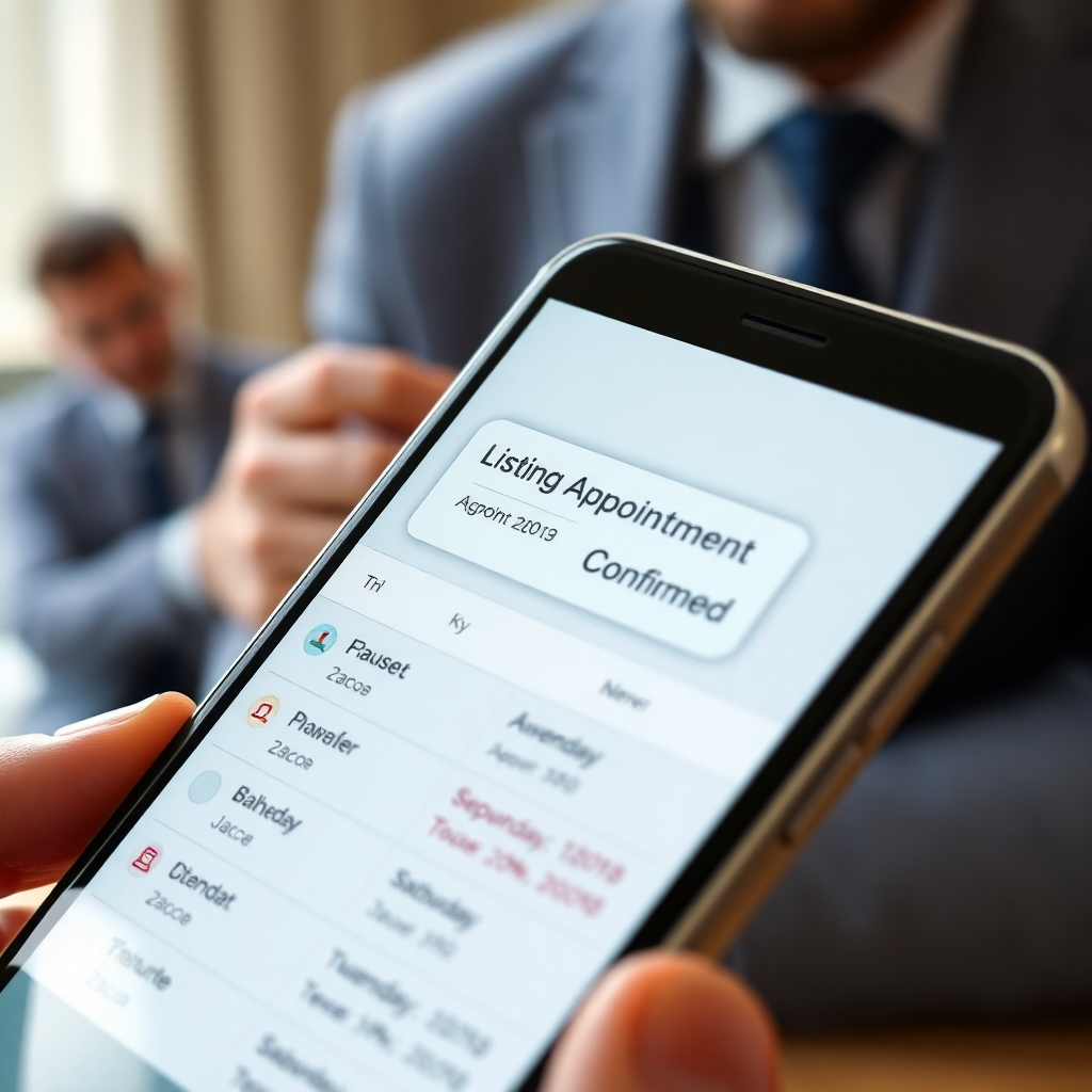 A close-up of a smartphone screen displaying a Google Calendar filled with scheduled appointments, with a notification bubble showing 'Listing Appointment Confirmed'. In the background, a real estate agent is seen preparing for a meeting, symbolizing readiness and professionalism.
