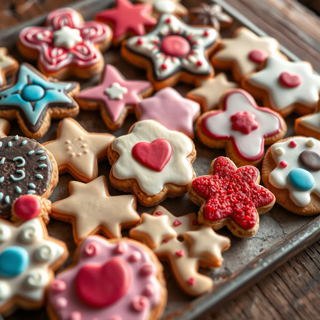 A close-up of a tray of freshly baked cookies on a rustic wooden table. Each cookie is uniquely decorated with intricate icing patterns, vibrant colors, and various shapes like stars, hearts, and flowers. The cookies come in different flavors like chocolate, vanilla, and red velvet, evident from the slight variations in their texture and color.