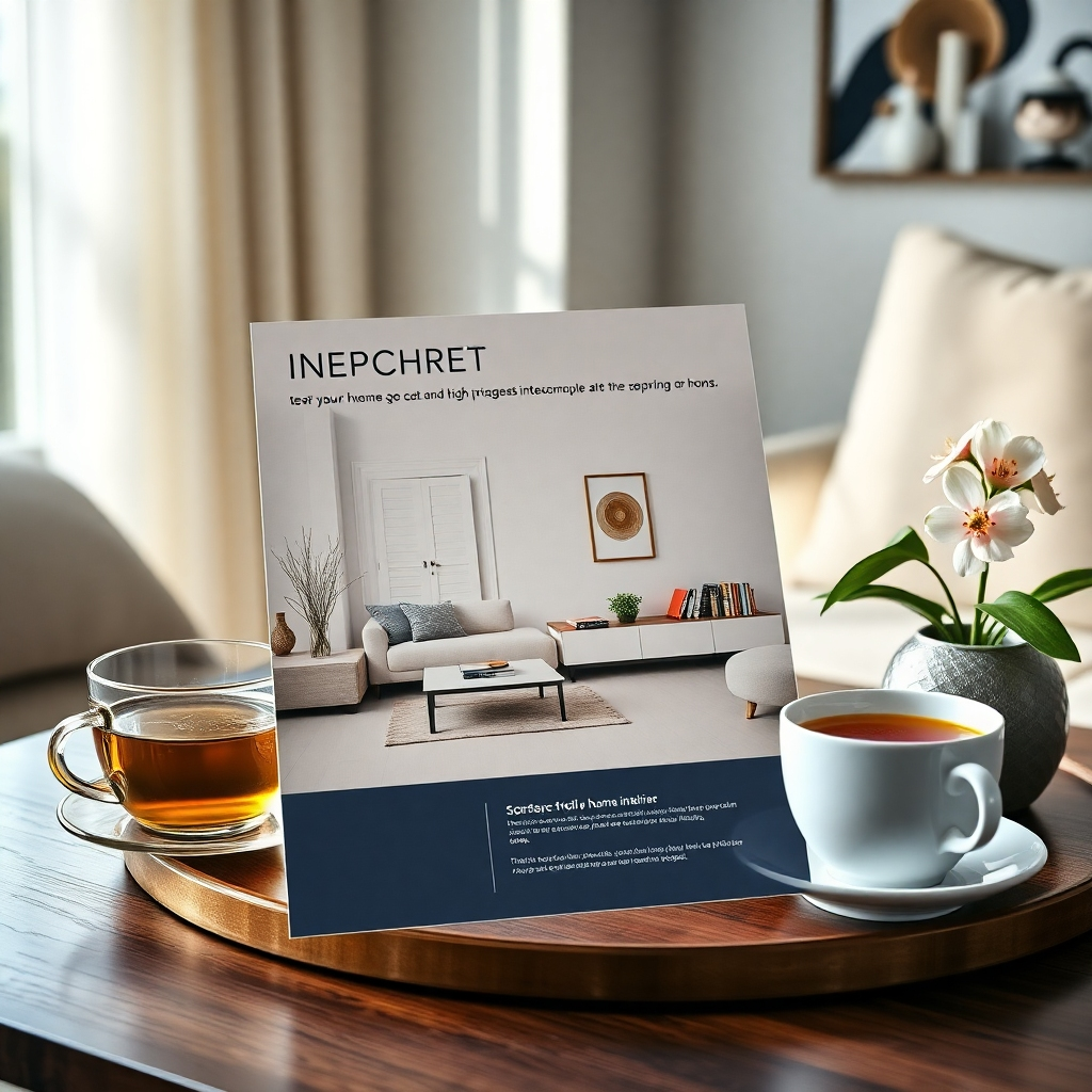 A close-up of an aesthetically pleasing flyer showcasing a clean design and high-quality images of a pristine home interior, placed on a coffee table with a cup of tea and a blooming plant, evoking feelings of comfort and trust.