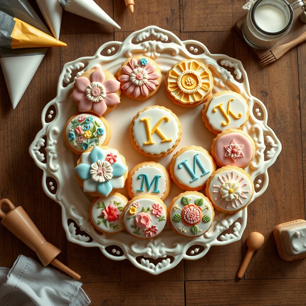 A close-up of an array of beautifully designed cookies on an ornate, white ceramic platter. Each cookie features different intricate, hand-painted designs such as flowers, geometric patterns, and monograms. The cookies are arranged neatly in a circular formation. Soft diffused lighting casts gentle shadows, highlighting the colors and textures. The color palette consists of pastels: pinks, blues, yellows, and greens, creating a cheerful and inviting mood. The camera angle is a top-down perspective, capturing every detail of the cookies' surface. The textures are ultra-detailed, showcasing the smooth icing and delicate brushstrokes. Surrounding the platter, a rustic wooden table is adorned with small, charming bakery tools such as piping bags and a glass of milk. The background is softly blurred to keep the focus on the cookies, evoking a cozy, artisanal bakery atmosphere. The style is hyperrealistic, in the vein of modern food photography, and rendered in 8K resolution for stunning clarity.