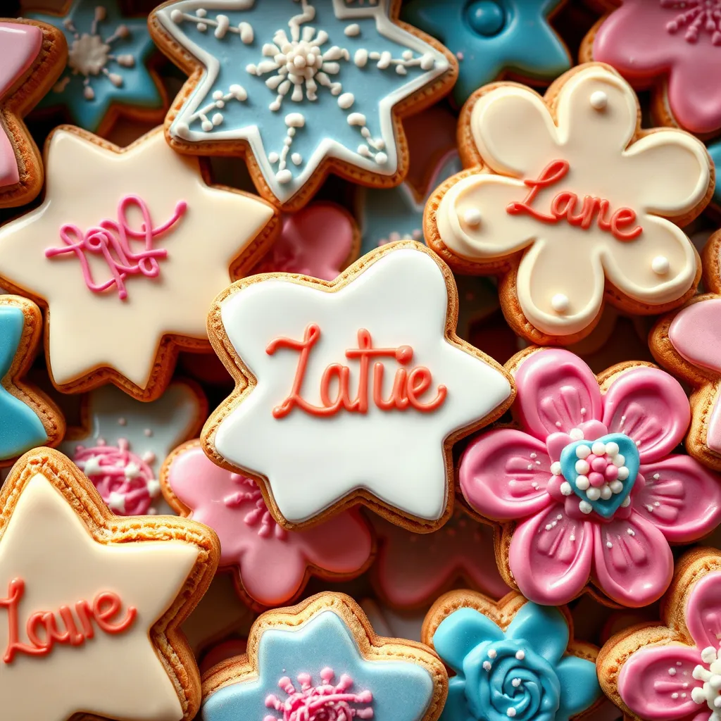 A close-up of an assortment of custom-designed cookies, each with intricate icing patterns and in different shapes like stars, hearts, and flowers. Various vibrant colors, topping details with sprinkles, and handwritten names in icing.