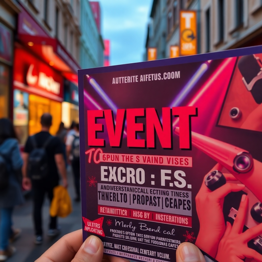 A close-up of an eye-catching event flyer featuring bold colors, striking images, and compelling text. The background showcases a busy street with people looking at the flyer, indicating interest and excitement.