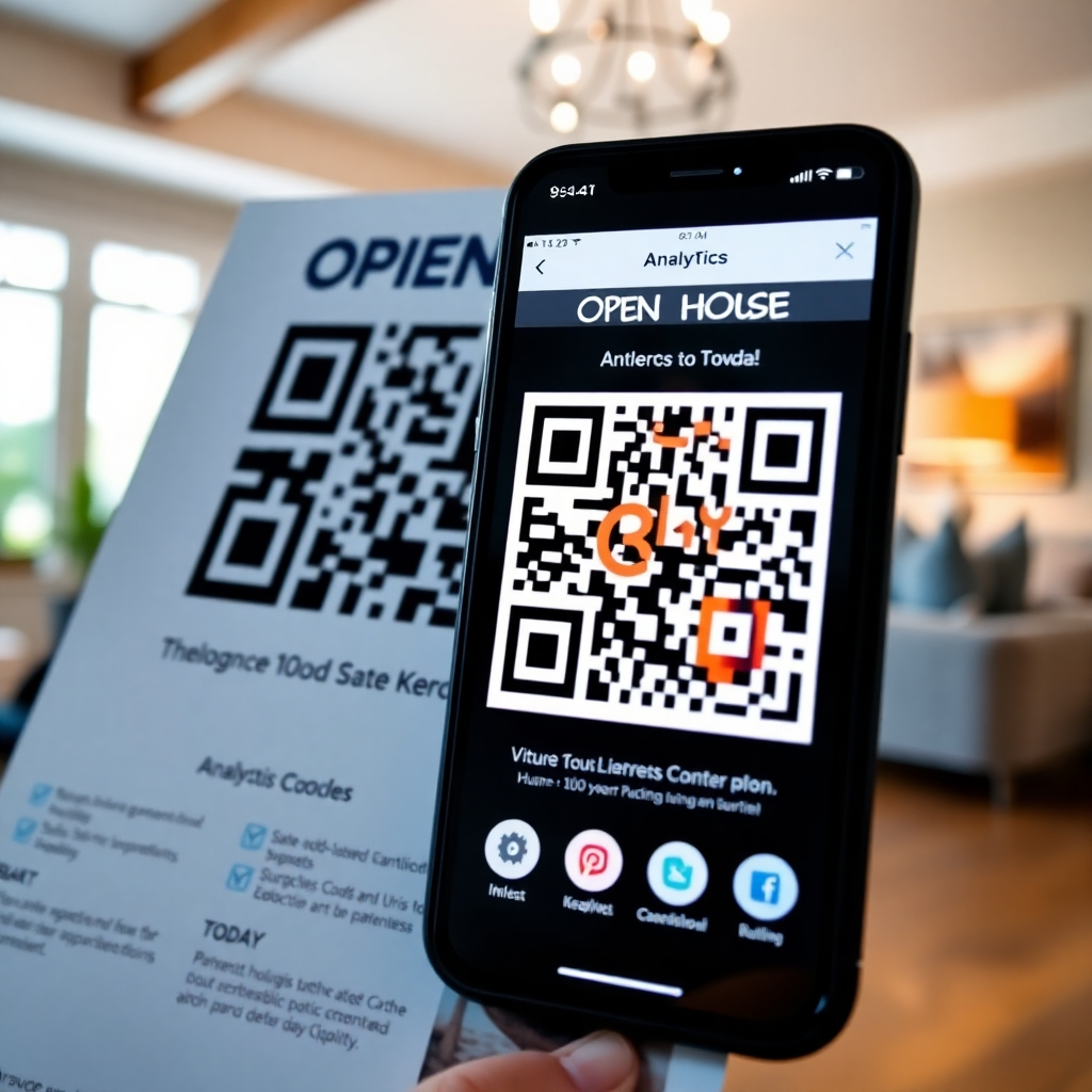 A close-up of an open house flyer featuring a large QR code, with a smartphone screen displaying analytics data overlaid. The background showcases an inviting living space, showcasing the property, implying modern technology blended with traditional marketing.