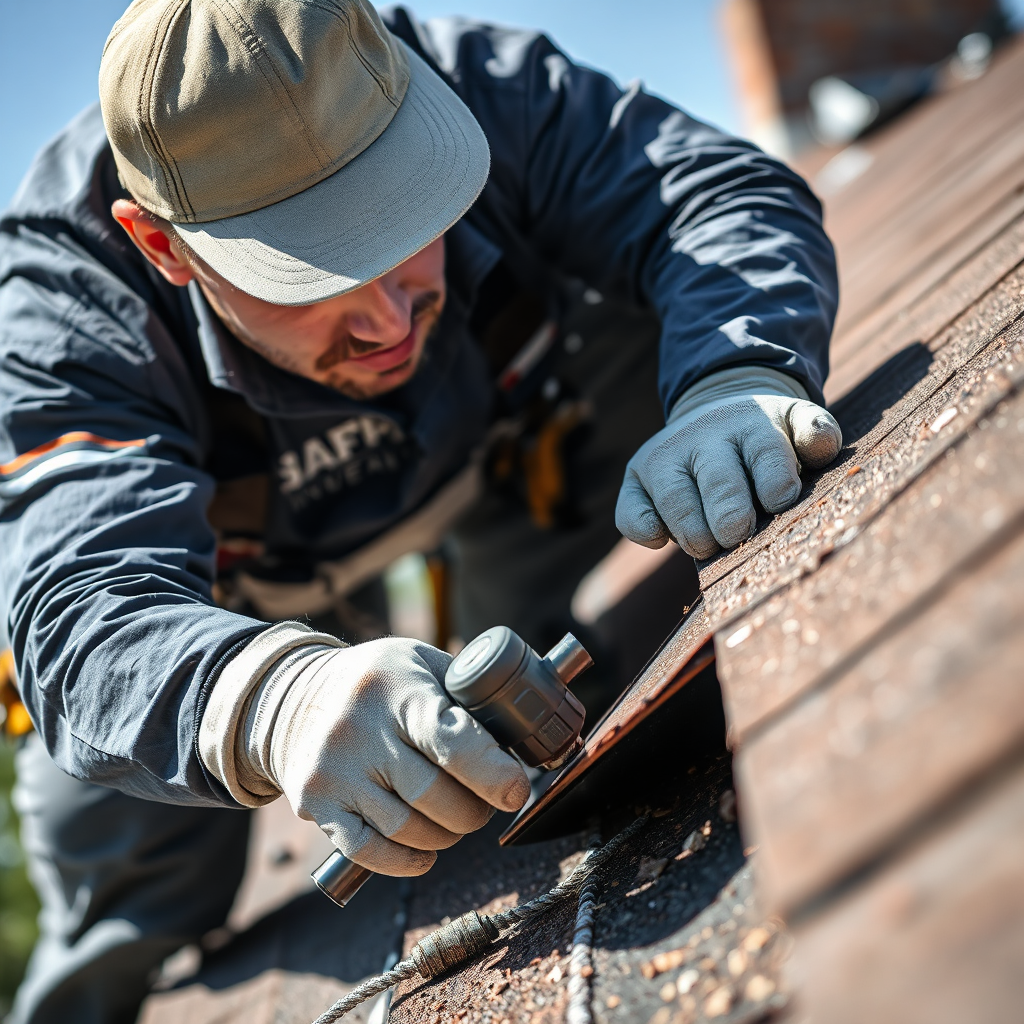 A close-up shot of a Roof Guys professional applying leak prevention materials on a roof edge. The professional is focused on the task, with tools and materials surrounding him. The lighting is bright and clear, highlighting the textures and colors of the materials used. The camera angle should be slightly tilted downward to emphasize the work in action. This image should be photorealistic, showcasing dedication to quality and prevention.