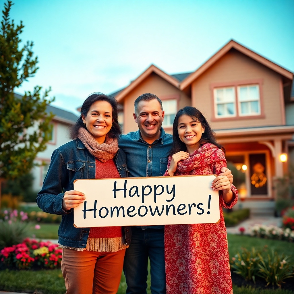 A close-up shot of a smiling family standing in front of their new home in the neighborhood, holding a sign that says 'Happy Homeowners!' The image should capture their joy and satisfaction, with a cozy residential backdrop.