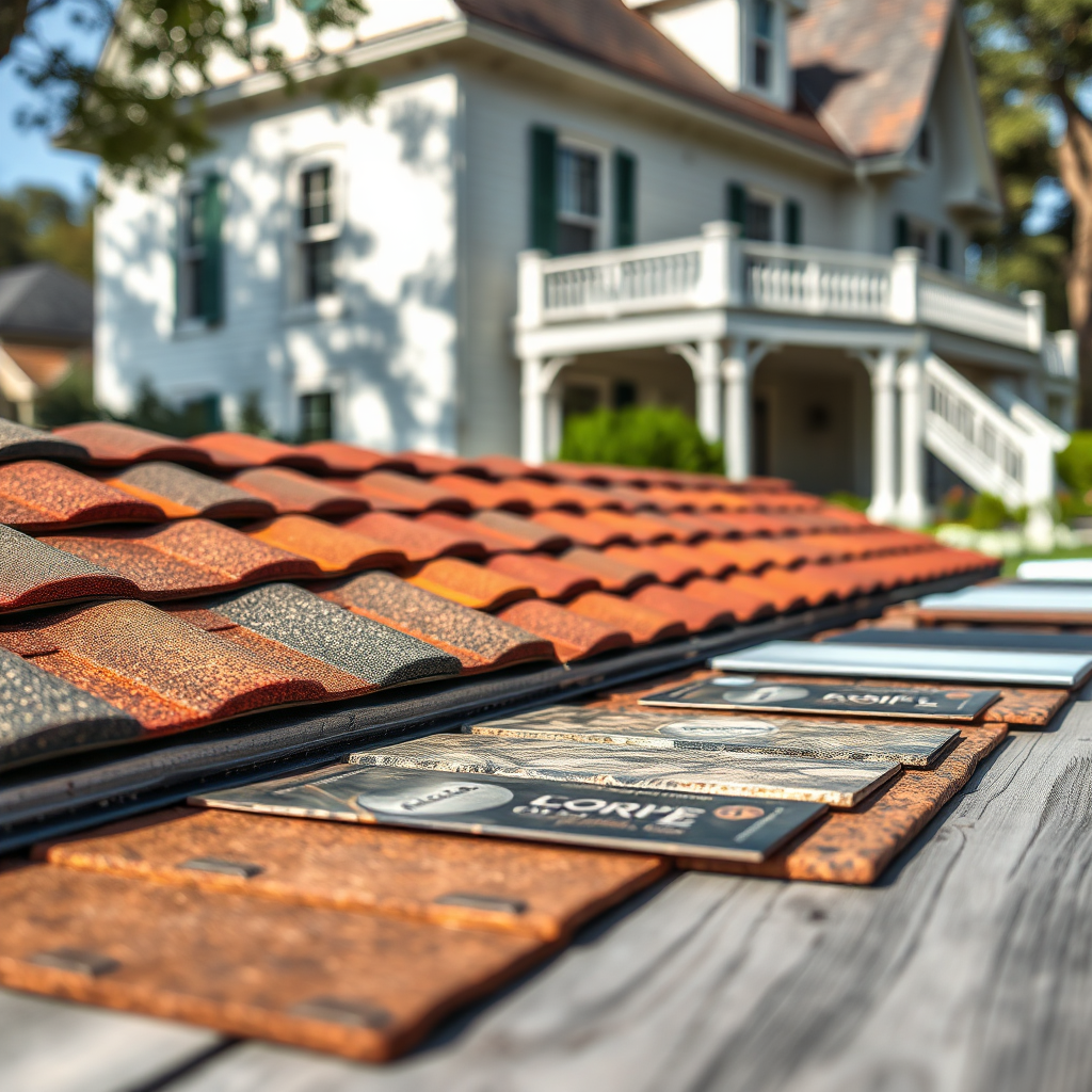 A close-up shot of high-quality roofing materials and samples laid out on a table outdoors, with a historic home in the background. The lighting is natural, enhancing the texture and colors of the materials. The focus is on presentation, showing an array of materials that suggest durability and style. Colors should be rich and inviting, signaling quality craftsmanship. The image should have a crisp focus, maintaining high quality throughout.
