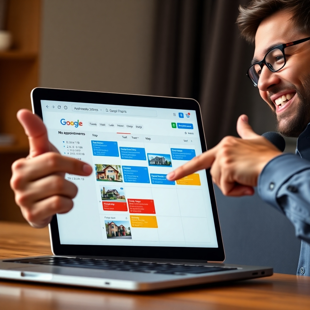 A close-up view of a modern laptop screen displaying an organized Google Calendar interface. Colorful appointment slots are shown, with real estate listings in the details section. An enthusiastic real estate agent is smiling and pointing at the screen, illustrating excitement over new appointments.