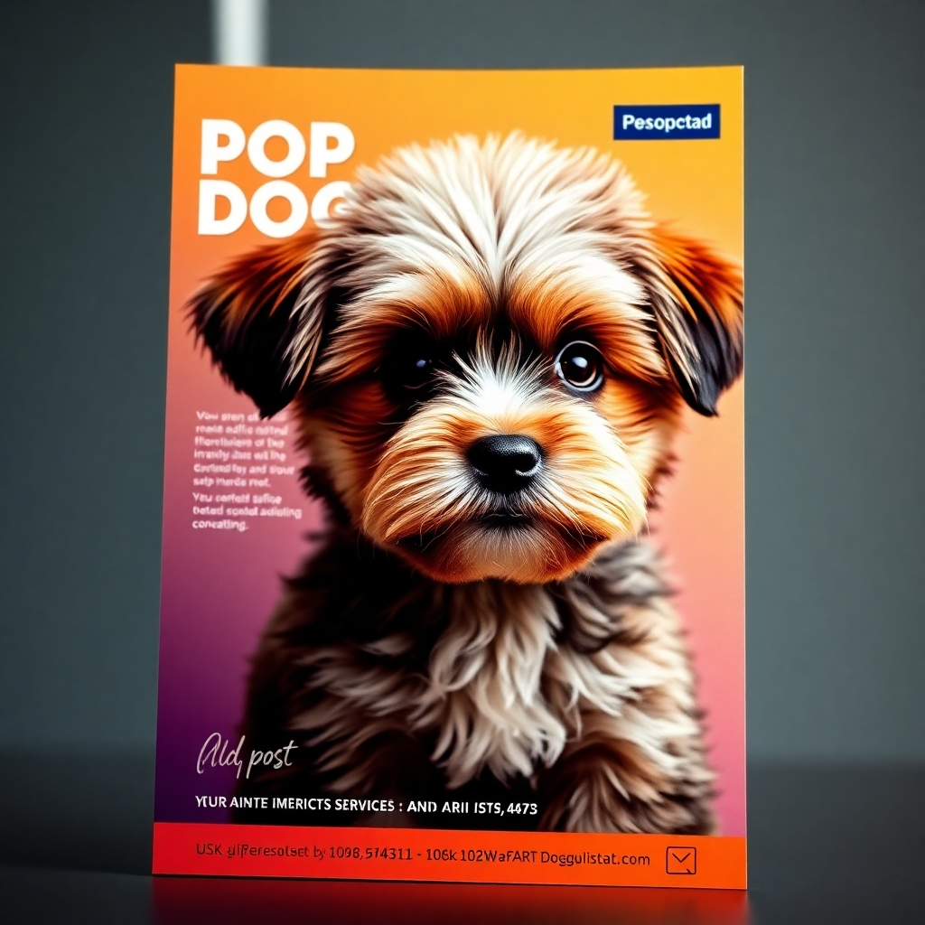 A close-up view of a vibrantly designed flyer for a dog grooming service, showcasing an adorable puppy with a freshly groomed look. The flyer includes eye-catching graphics, vibrant colors, and compelling text, set against a well-lit background emphasizing its professional print quality.