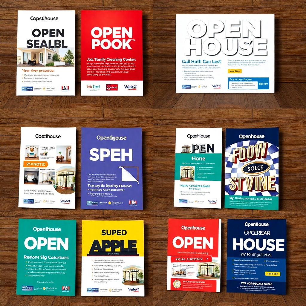 A collage of various open house flyers showcasing consistency in branding, colors, and messaging. The image should include a side-by-side comparison of successful flyers, highlighting unique features such as logos, taglines, and a strong call-to-action, set in a visually striking layout.