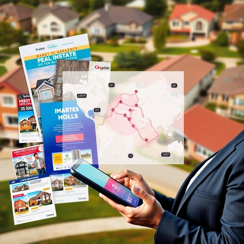 A collage of vibrant marketing materials including flyers, digital ads, and a geofencing map overlay, set against a backdrop of suburban homes. The scene emphasizes a professional real estate agent analyzing marketing strategies with a high-tech device.