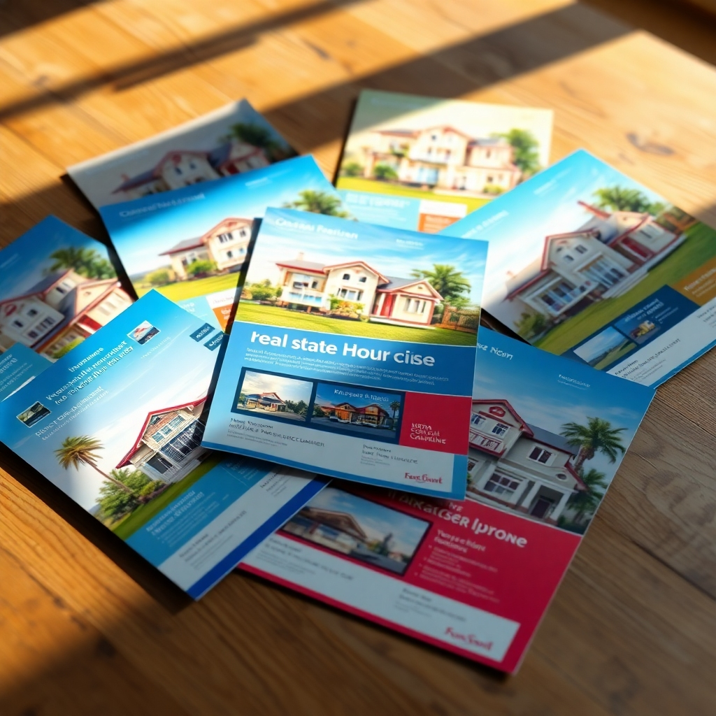 A collection of real estate marketing flyers showcasing various vibrant color schemes, including hues of blue, red, and yellow. The flyers should feature images of beautiful homes and be laid out on a wooden table with natural light highlighting the colors.