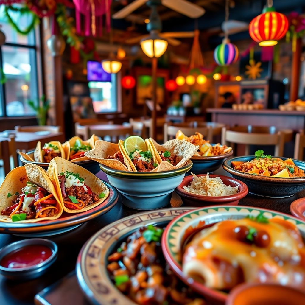 A colorful, vibrant display of authentic Mexican dishes including carne asada tacos, al pastor, and enchiladas served on traditional Mexican dishware. The setting is a warm, inviting restaurant ambiance with festive decorations.