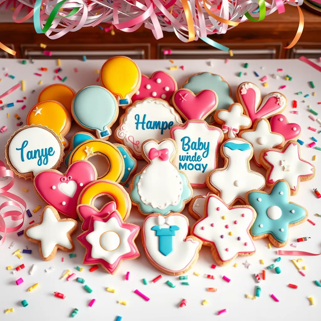 A colorful array of custom-designed cookies arranged on a decorative table. Cookies feature diverse themes: birthday balloons, wedding rings, baby showers, and holiday shapes. The scene is festive with confetti, ribbons, and party decor adding vibrancy.