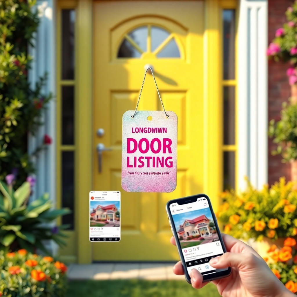 A colorful door hanger teasing an upcoming real estate listing hanging on a vibrant front door, surrounded by beautiful landscaping. Include snippets of social media posts displayed on phones in the foreground, showcasing countdowns and exclusive previews.