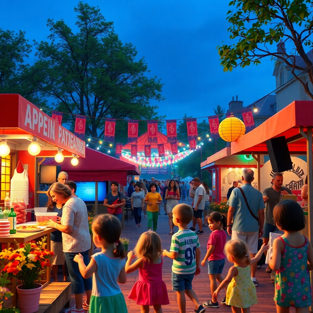 A colorful, vibrant scene of a local neighborhood festival, featuring families enjoying food stalls, live music, and children playing in a park. The image should convey a lively community atmosphere, with warm lighting and cheerful decorations.