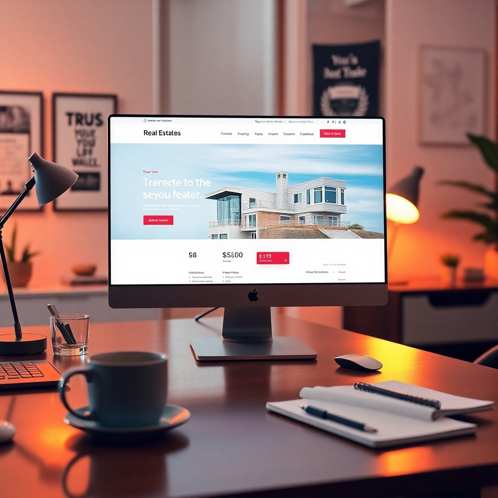 A computer screen displaying a sleek and modern real estate landing page, designed to capture leads effectively. The workspace is well-lit with warm, inviting lighting, creating a cozy yet high-tech atmosphere. The color palette features crisp whites with vibrant accent colors that would evoke feelings of trust and excitement. The camera angle focuses closely on the screen while including the environment of a stylish home office, complete with a stylish desk, coffee cup, and notepad. Textures of glass and wood accentuate the contemporary style, while the backdrop includes motivational quotes or real estate awards, showcasing professionalism. The image should have an ultra-detailed and hyperrealistic finish, set in 8K resolution, mimicking the aesthetic of high-end marketing brochures.
