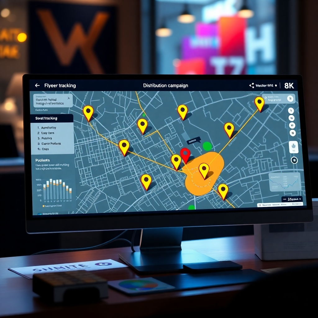 A computer screen displaying a digital map with real-time tracking markers showing the progress of a flyer distribution campaign. Visual elements like analytics graphs and highlighted areas depicting target neighborhoods should convey the strategic planning aspect of the event marketing.