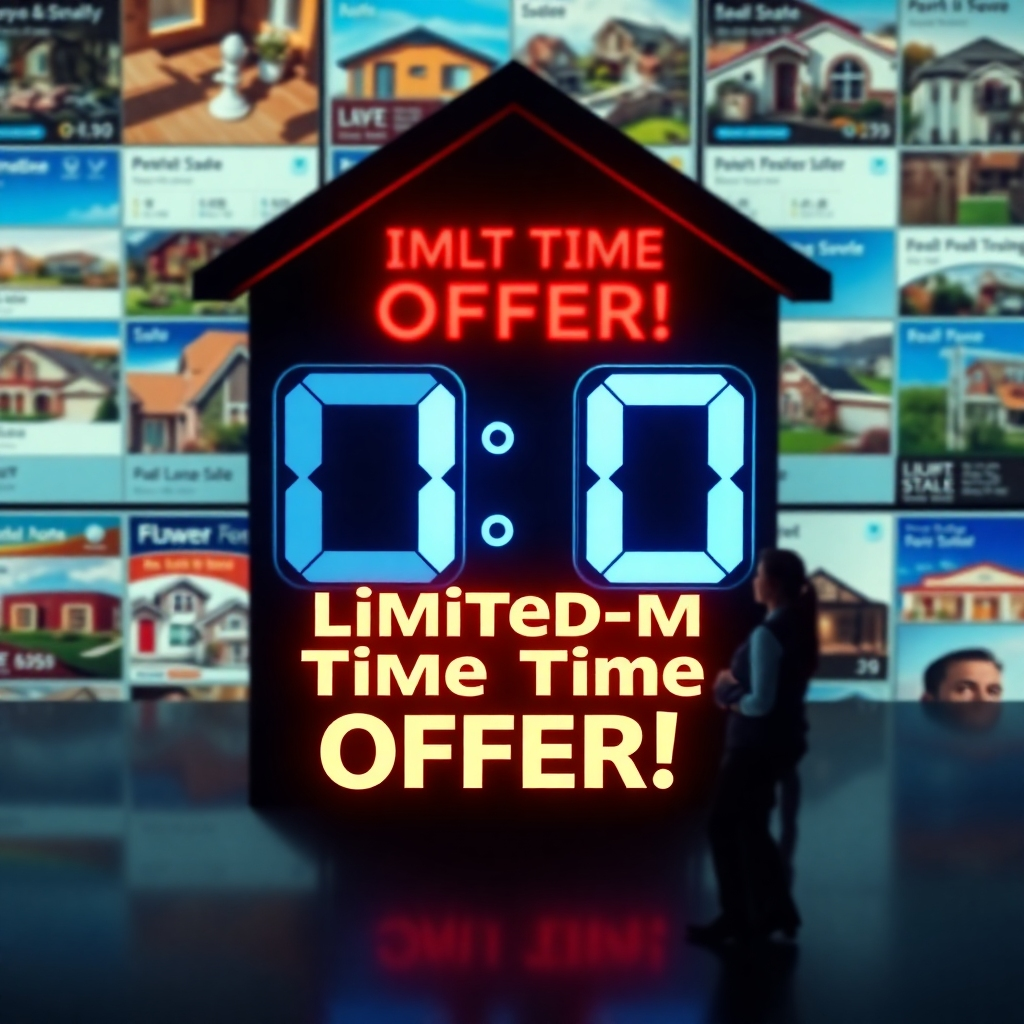 A countdown timer set against a backdrop of vibrant real estate listings, with an overlay text that emphasizes urgency, such as 'Limited-Time Offer!', and real estate agents in discussion, conveying excitement and action.