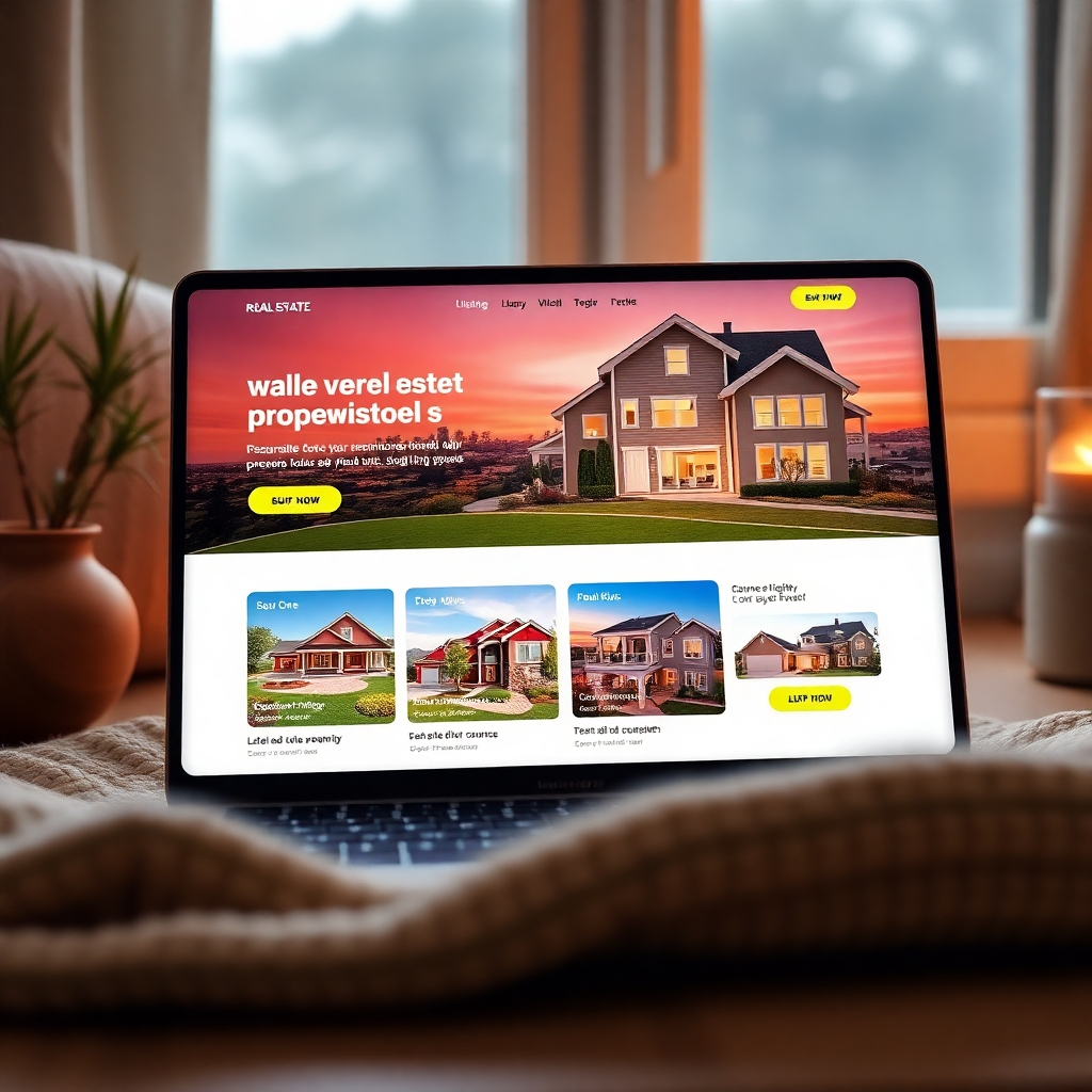 A cozy, inviting real estate landing page displayed on a laptop screen, featuring personalized property listings, beautiful high-resolution images of homes, engaging call-to-action buttons, and a warm color palette that fosters a sense of connection and engagement.
