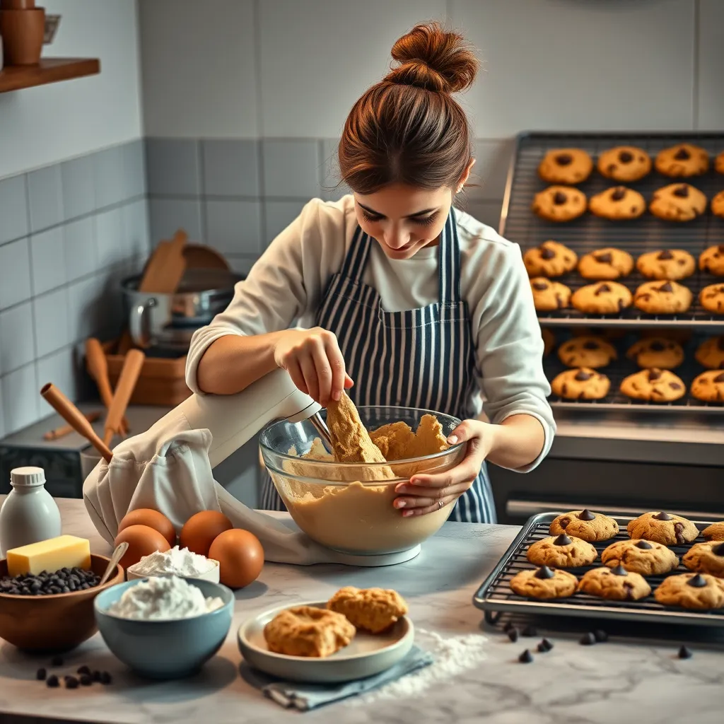 A cozy kitchen scene with a baker in an apron, lovingly mixing dough in a large bowl. Fresh ingredients like butter, eggs, flour, and chocolate chips are arranged neatly on the counter, and a tray of fresh cookies cooling in the background.