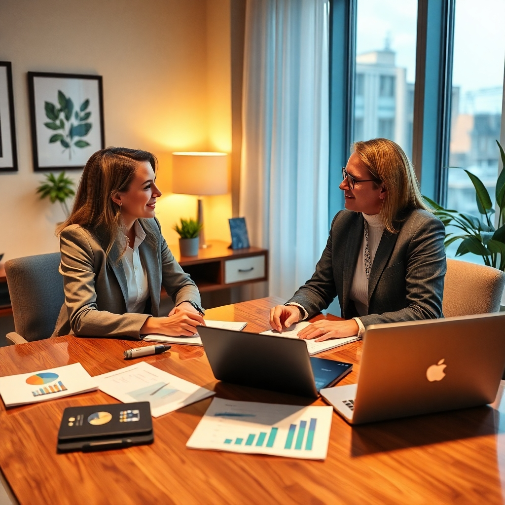 A cozy, professional office meeting between a real estate agent and a marketing consultant. Include notepads, laptops, and charts on the table. The atmosphere should be collaborative, with warm lighting and an inviting ambiance, illustrating teamwork and expertise in enhancing real estate marketing.