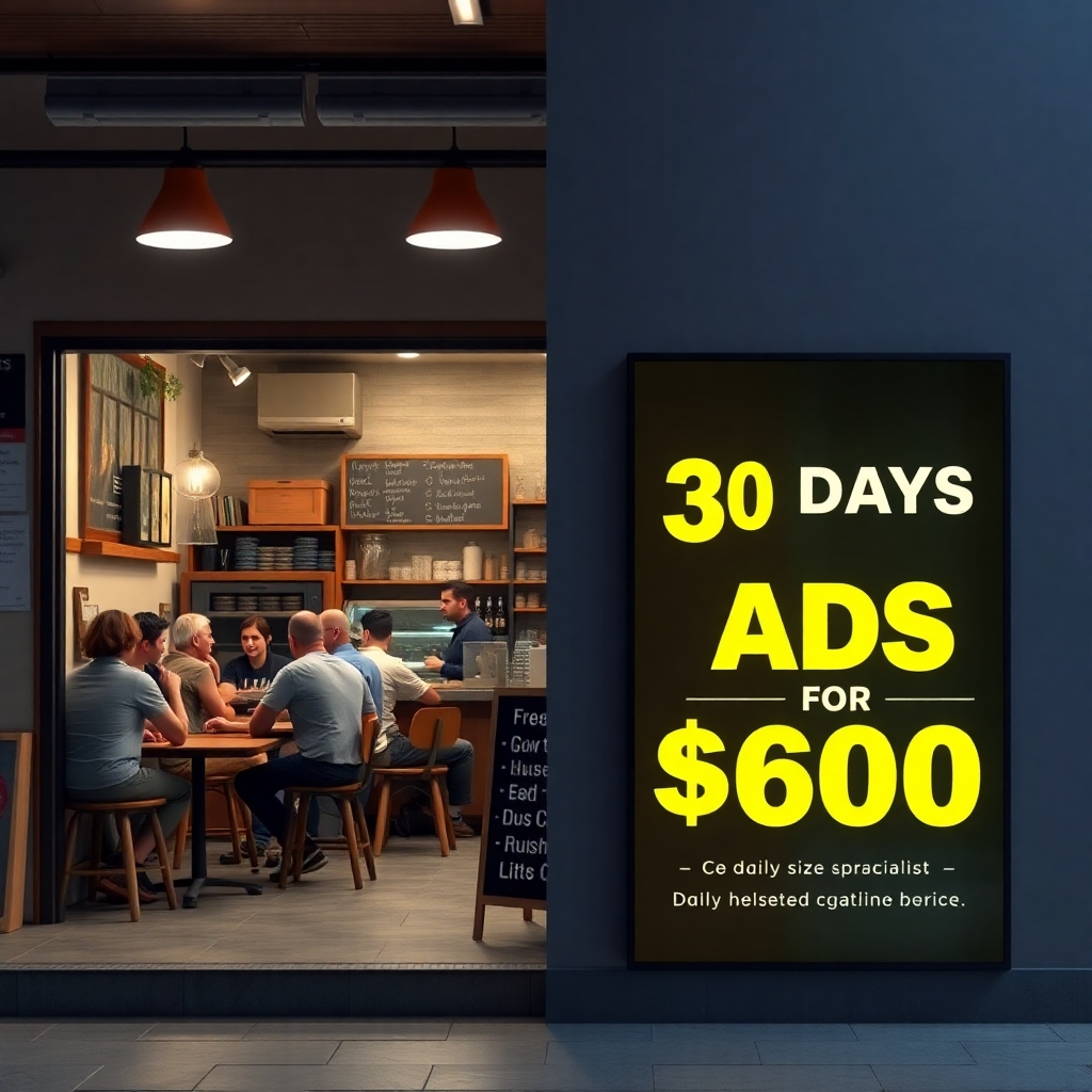 A creative split-screen image: one side shows a small café bustling with customers and the other side displays a '30 Days of Ads for $600' promotional graphic. The café features a sign highlighting their daily specials to attract local patrons.