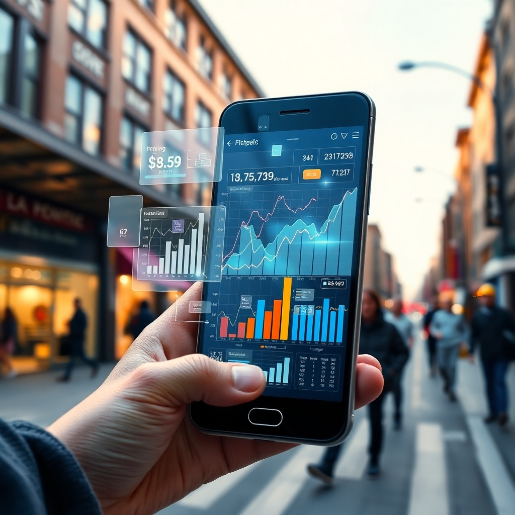A creative visualization of data analysis, featuring graphs and charts emerging from a smartphone screen. The background should include a busy street scene with a focus on real estate activity, highlighting the relationship between geofencing and measurable marketing success.