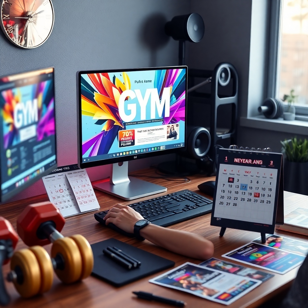 A creative workspace where a graphic designer is drafting a colorful gym flyer. The workspace includes a computer displaying vibrant designs, workout equipment like dumbbells next to a calendar marked for New Year's promotions, and samples of previous successful flyers.