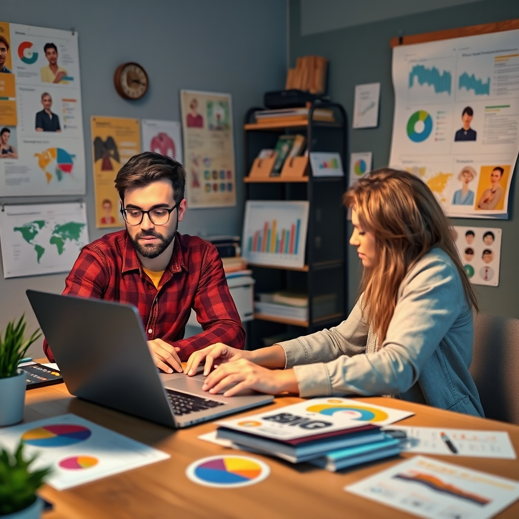 A creative workspace with a marketing expert analyzing data on a laptop, surrounded by charts and colorful flyers. The scene shows a brainstorming session focused on tailoring cleaning services to specific client demographics, showcasing diverse customer personas.