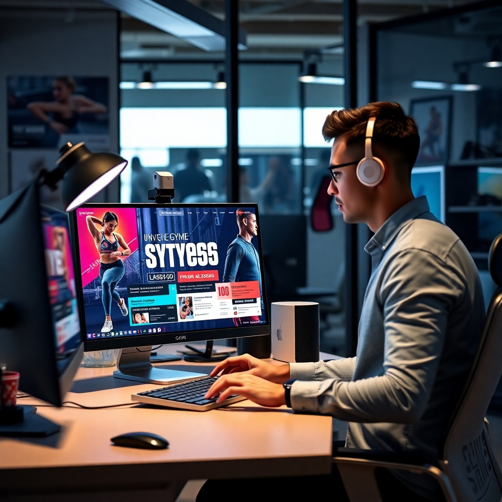 A designer working in a modern office, crafting unique gym flyers. The workspace is adorned with fitness-related imagery, and the computer monitor displays a colorful flyer design showcasing gym classes and promotions.