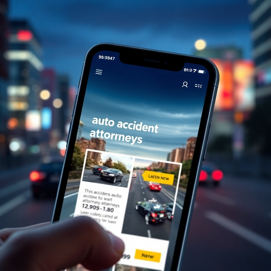 A detailed graphic showing a smartphone screen with targeted ads for auto accident attorneys, blended with a city landscape where accidents frequently occur. Include elements like a map icon and user engagement metrics in a dynamic layout.