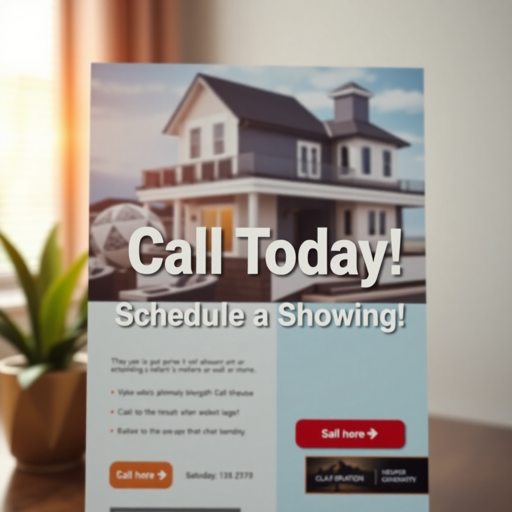 A detailed image depicting a real estate flyer highlighting an effective call to action. The flyer should have prominent text that says 'Call Today!' or 'Schedule a Showing!' along with an eye-catching graphic element like an arrow or button, set in a professional design.