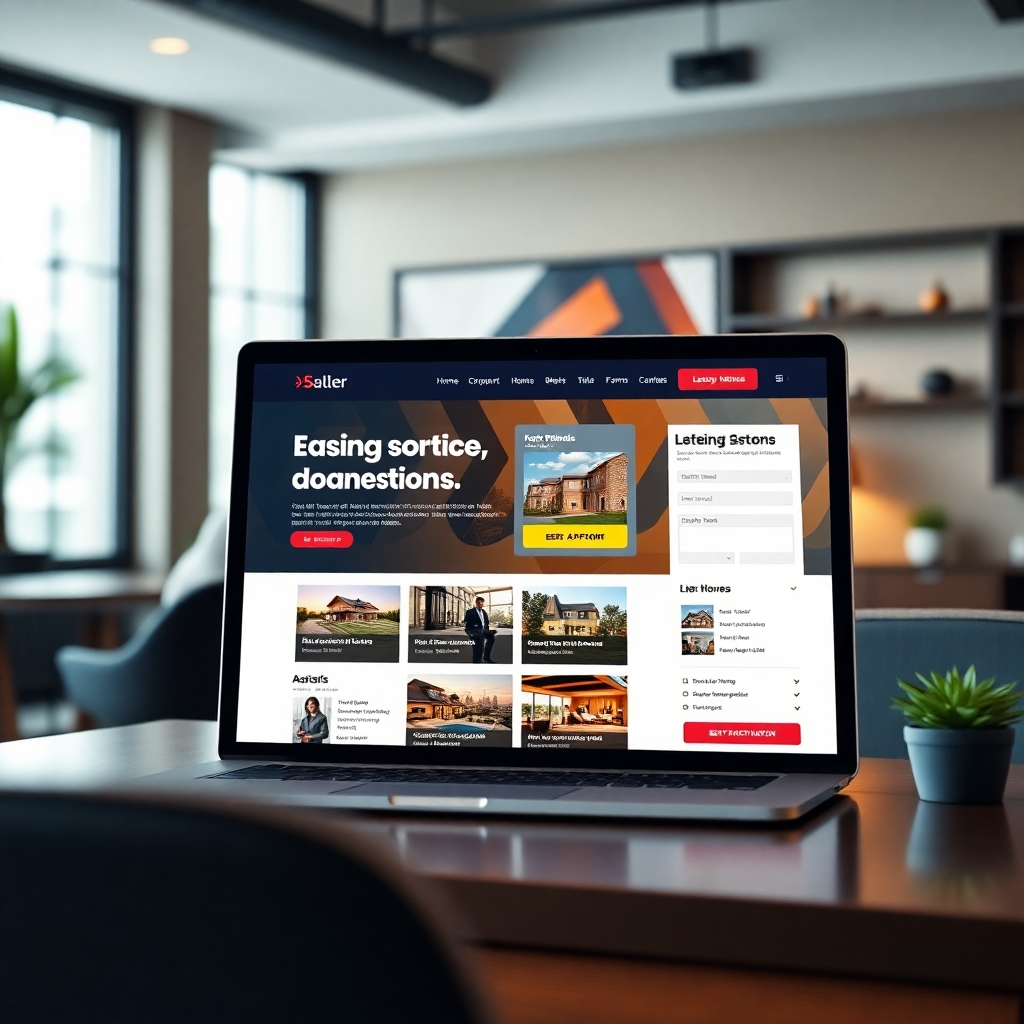 A detailed image of a computer or tablet displaying a landing page with eye-catching call-to-action buttons, user-friendly forms, and attractive property listings. The background features a stylish office environment, reflecting a professional and inviting atmosphere.