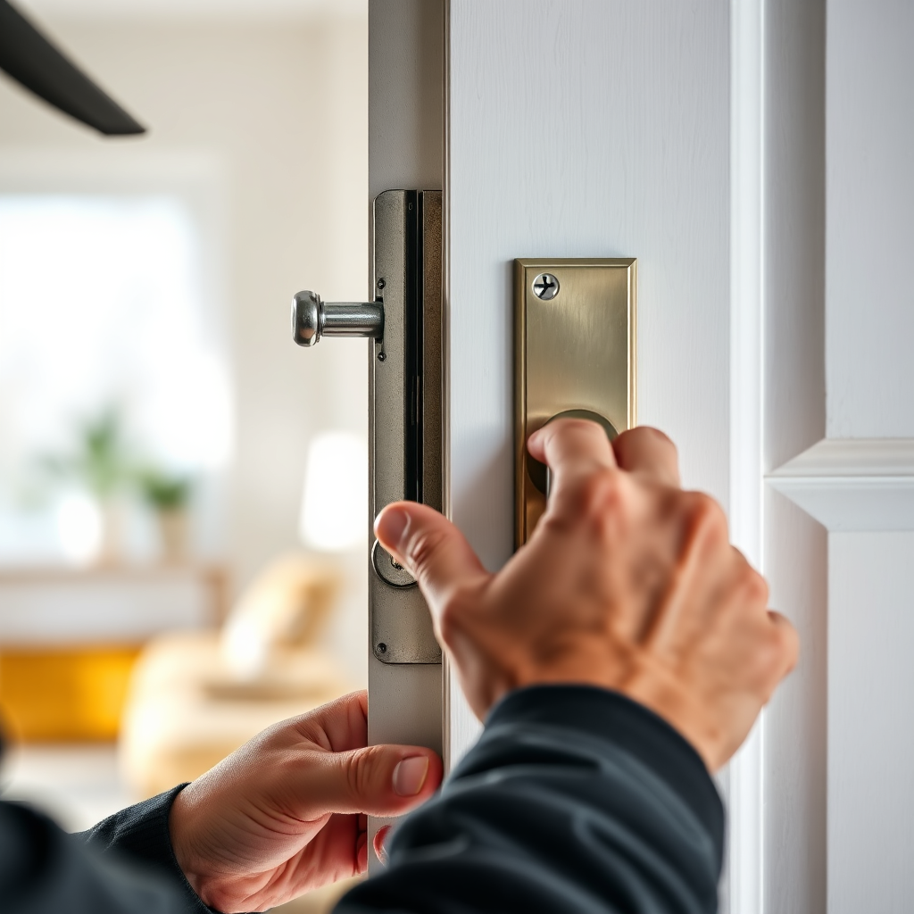 A detailed image of a locksmith performing a lock installation on a front door, focusing on the intricate mechanics of the lock. The scene is set in a well-lit, modern home environment. Natural light highlights the precision and attention to detail required in their skilled profession. The visual should reflect cleanliness and order while emphasizing the importance of security in everyday life, captured in stunning detail.