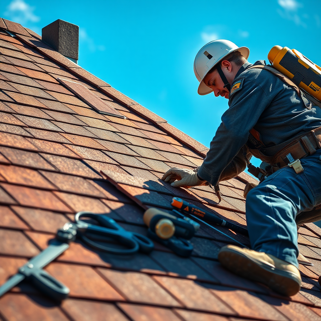 Technician repairing shingles