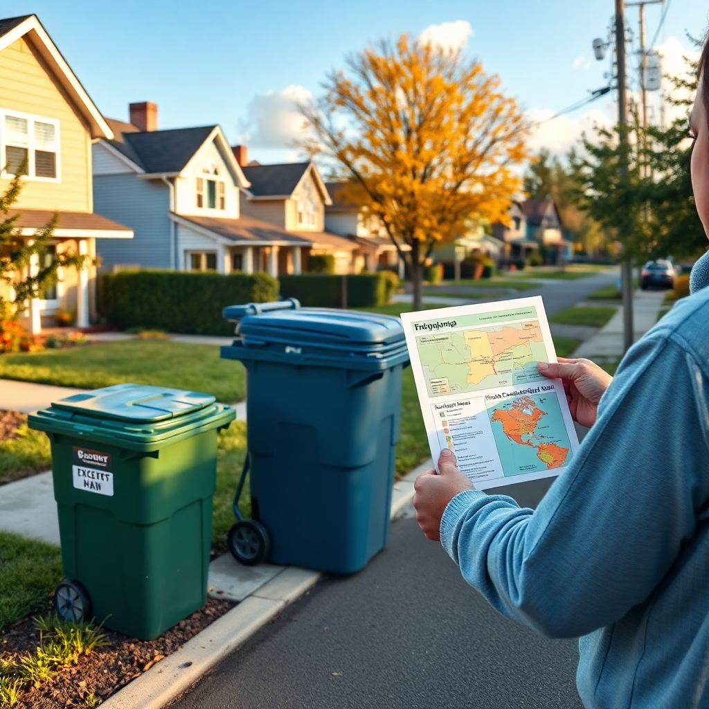 A detailed scene showing a map with highlighted neighborhoods, garbage bins in front of homes, and a colorful flyer being handed out by a friendly marketer. Include elements like homes, trees, and vibrant engagement with community members.