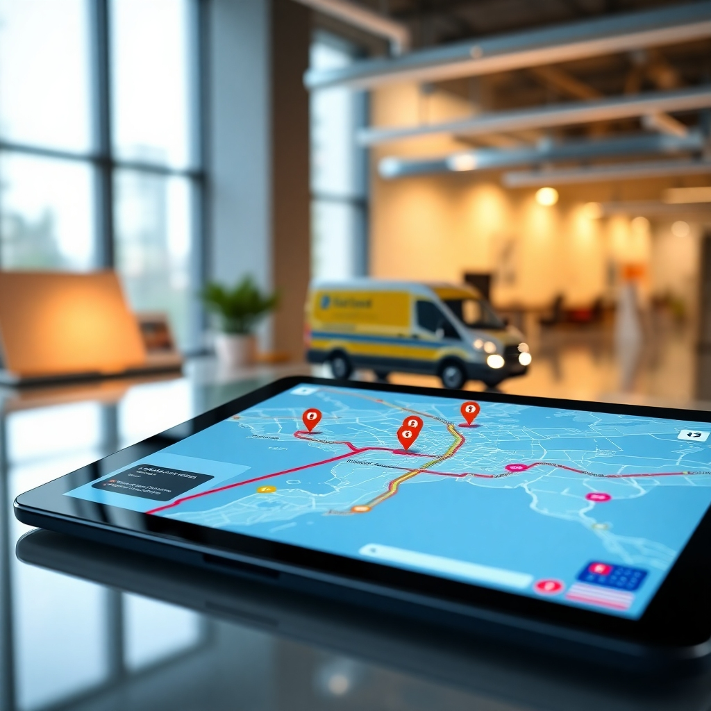 A detailed view of a digital map on a tablet, showcasing live GPS tracking of flyer deliveries. The interface shows real-time locations, delivery routes marked in bright colors, and a visual of a delivery vehicle in motion. The setting is a modern office environment.