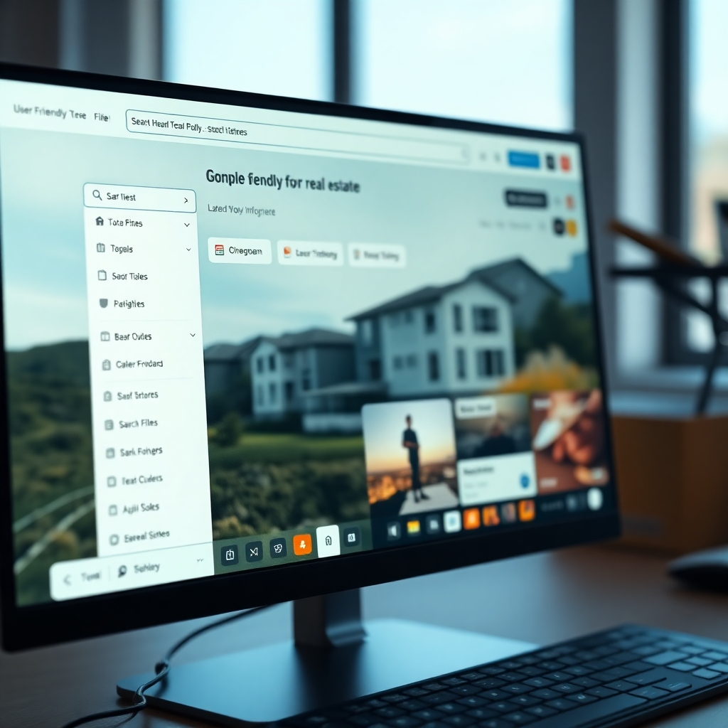 A detailed view of a user-friendly real estate website interface on a computer screen, highlighting intuitive navigation menus and search filters. Low-friction user paths are emphasized with clear buttons and highlighted listings.