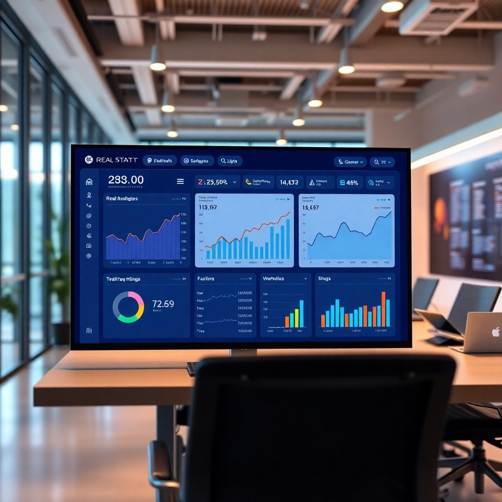 A digital dashboard displaying real-time analytics and performance metrics for a personalized real estate landing page, featuring graphs, charts, and colorful data points against a backdrop of a modern office setting, showcasing a sense of technology and insight.
