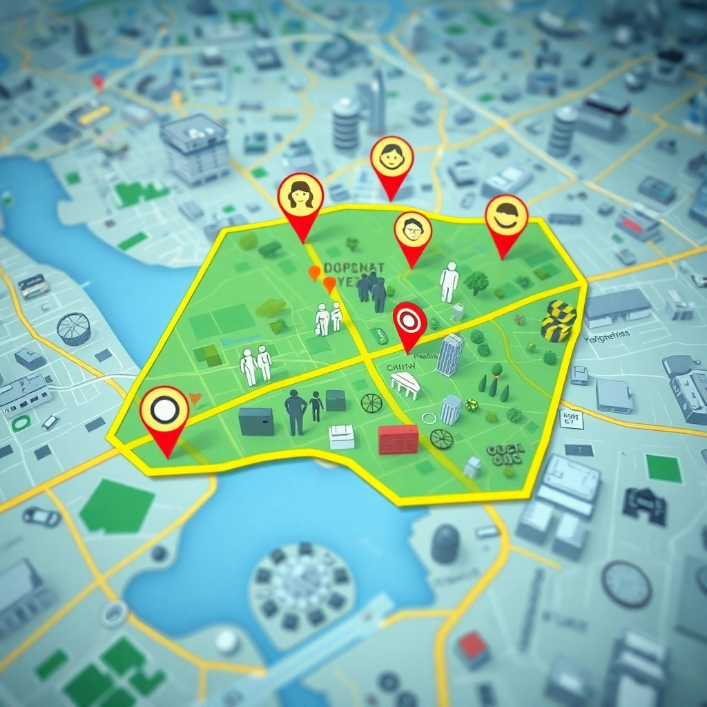 A digital map featuring a highlighted geofenced area. Overlay with icons representing diverse local demographics (young families, professionals, seniors) and arrows indicating targeted marketing messages being sent towards these specific groups. The map should show landmarks and businesses for a vibrant local context.