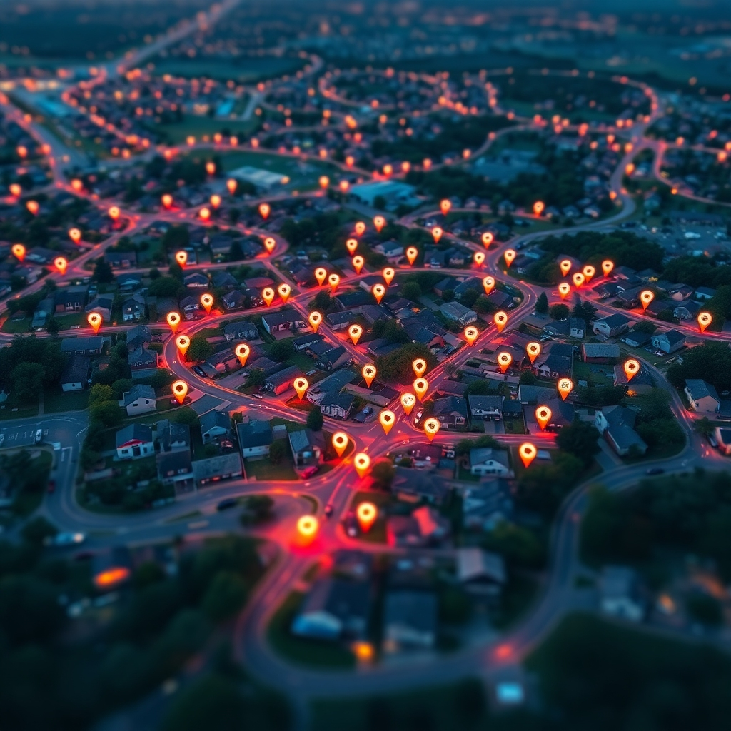 A digital map showcasing a neighborhood with marked boundaries and pins representing 500 homes. The image should include visual cues like notifications, ads, and targeting markers, emphasizing precision and engagement in a tech-savvy environment.