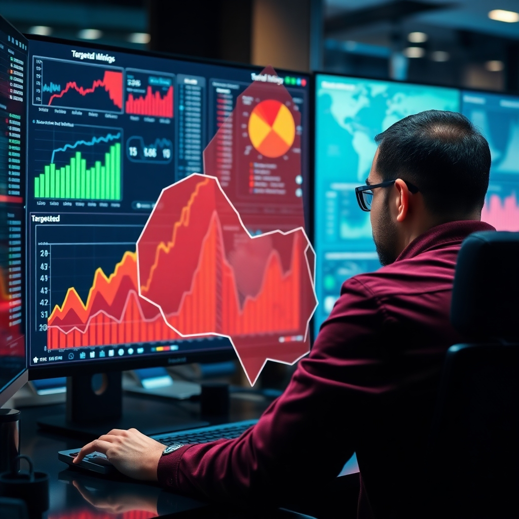 A digital marketer analyzing a computer screen filled with targeted ad metrics, with a map overlay showing a geofenced area. The atmosphere is professional and tech-savvy, enhancing the concept of precise targeting.