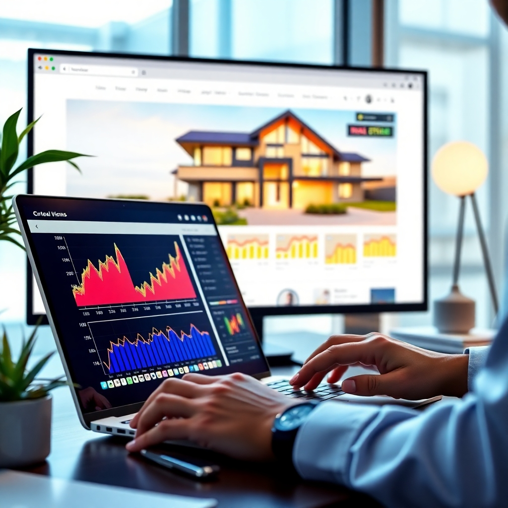 A digital marketing scene featuring a real estate agent working on a laptop with vibrant charts and graphs on the screen. In the background, a webpage displaying a stunning property listing with a high number of views and engagement metrics. Bright colors and modern design elements should dominate the scene.