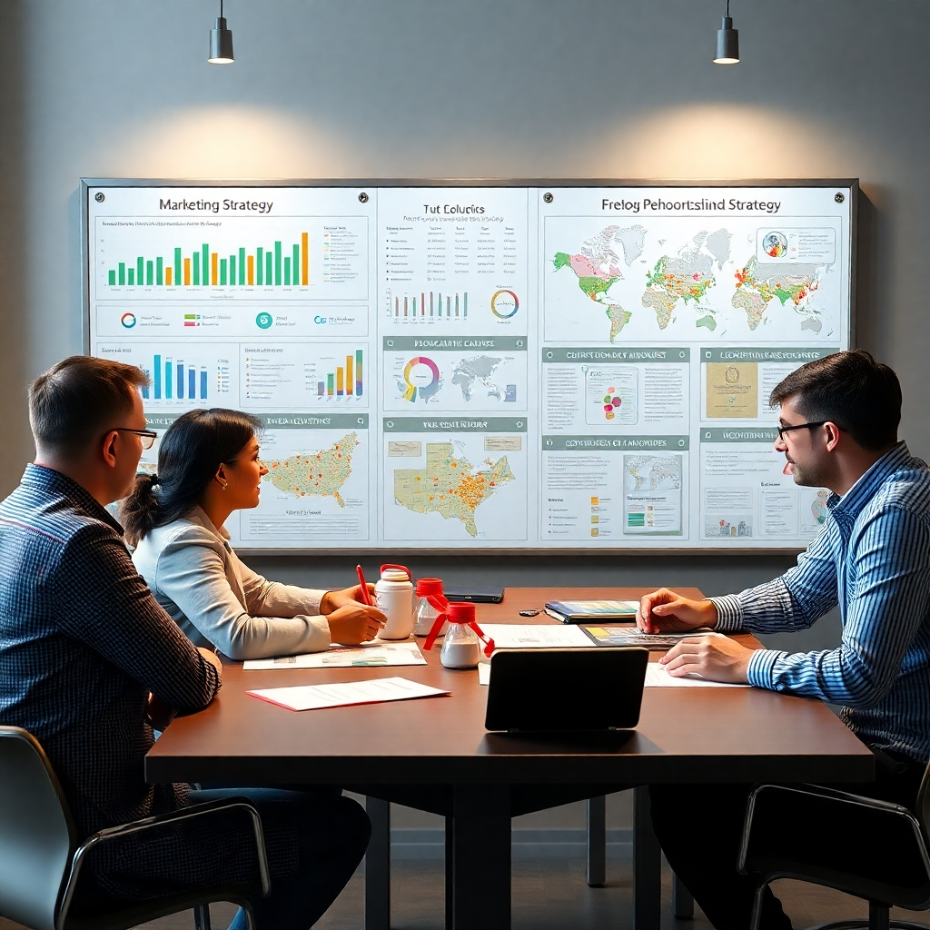 A digital marketing strategy board showcasing various demographic charts, neighborhood maps with pins, and sample personalized flyers for real estate marketing. The scene should be dynamic and include a diverse group of professionals collaborating around a large table, immersed in discussing the strategy.