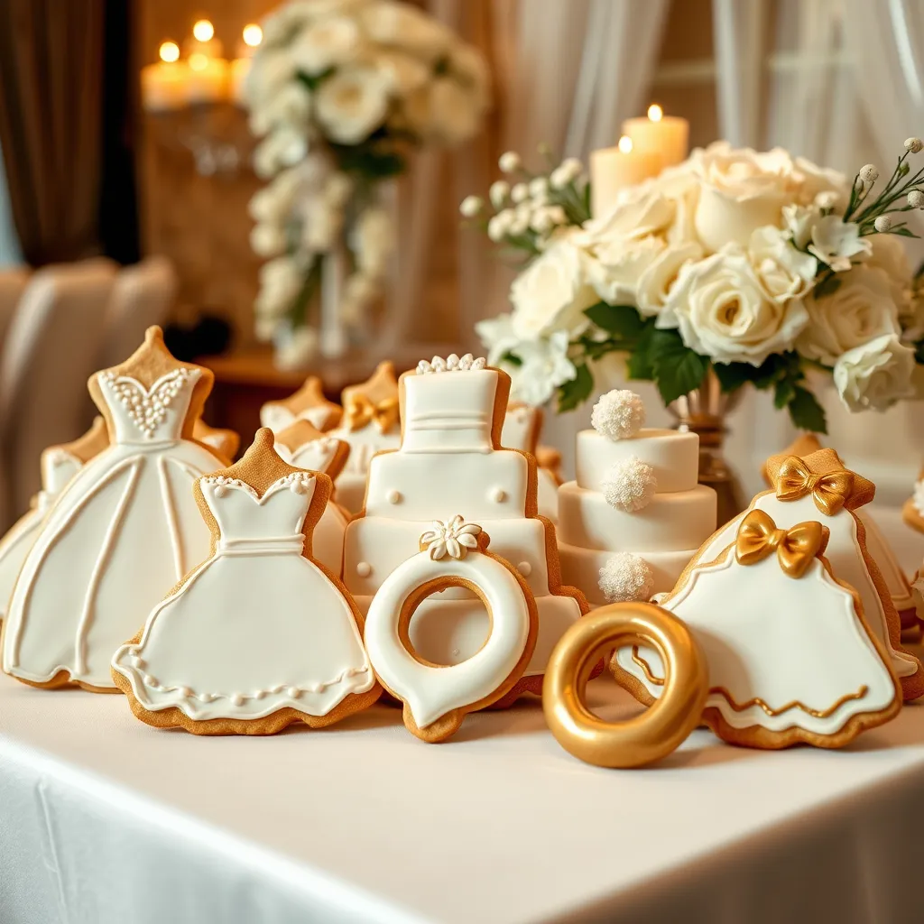 A display of custom themed cookies at a wedding reception. The cookies are shaped like wedding dresses, cakes, and rings, each decorated with white and gold icing. The background features elegant wedding decor, including flowers and candles, enhancing the festive atmosphere. The display conveys a sense of celebration and joy.
