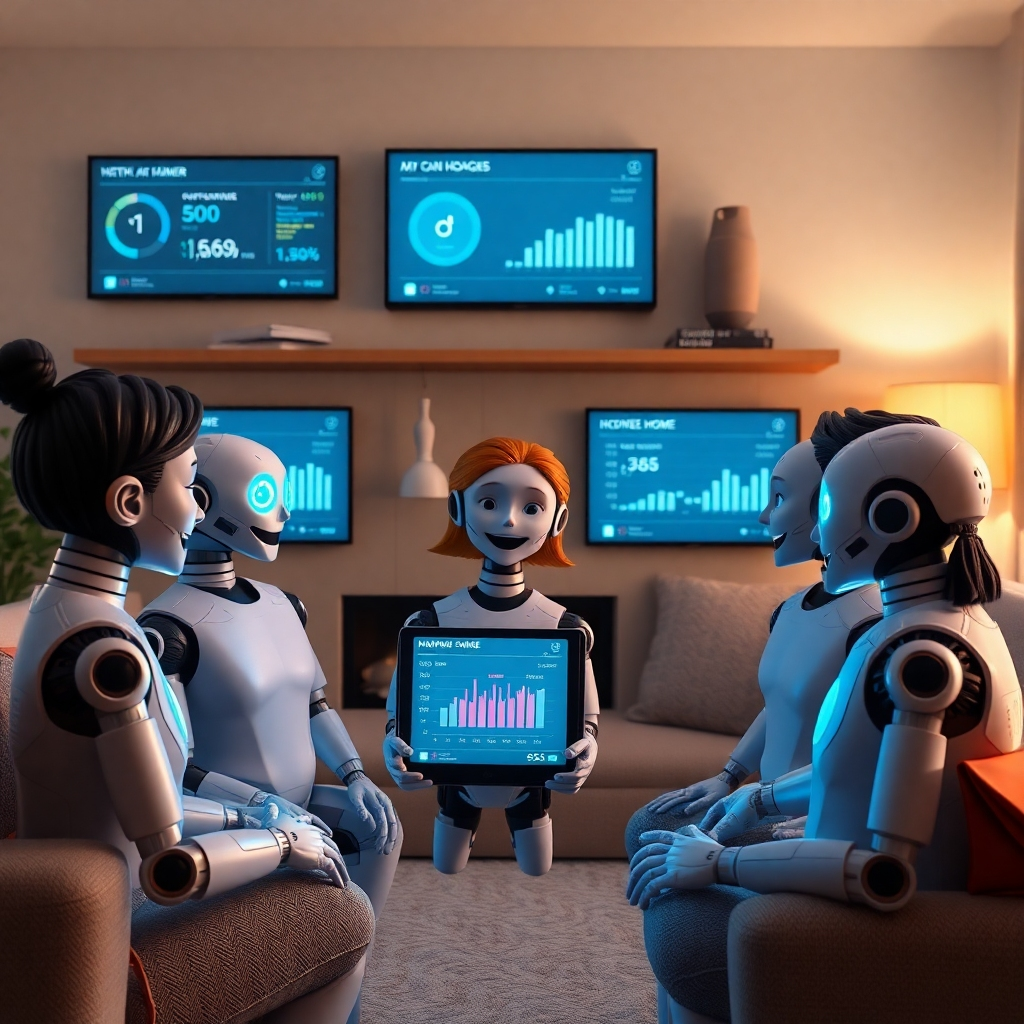 A diverse group of AI agents interacting with different homeowners, each showing unique emotions like surprise and happiness. The setting is a cozy living room with digital screens displaying personalized messages and graphs of home data.