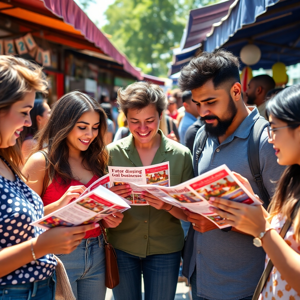 A diverse group of individuals engaged in a vibrant outdoor market, interacting with flyers showcasing local businesses. Each person displays interest and enthusiasm, illustrating a strong connection to the targeted marketing campaign. The scene should be sunny and lively, highlighting a sense of community.