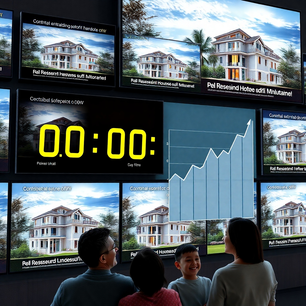 A dynamic composition of multiple screens displaying the same real estate ad with a countdown timer showing the end of a promotional offer. Include a graph overlay indicating engagement growth over time, with happy local families observing the ads.
